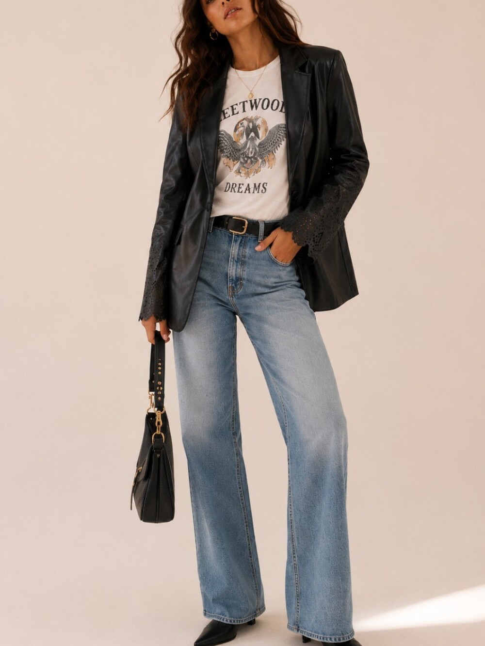 Anthropologie Maeve Eyelet Sleeve Black Faux Leather Blazer